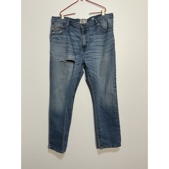 MEN'S ARIAT M4 STRAIGHT STOCKTON DENIM JEANS Light Wash 44 X 34 Faded Distressed